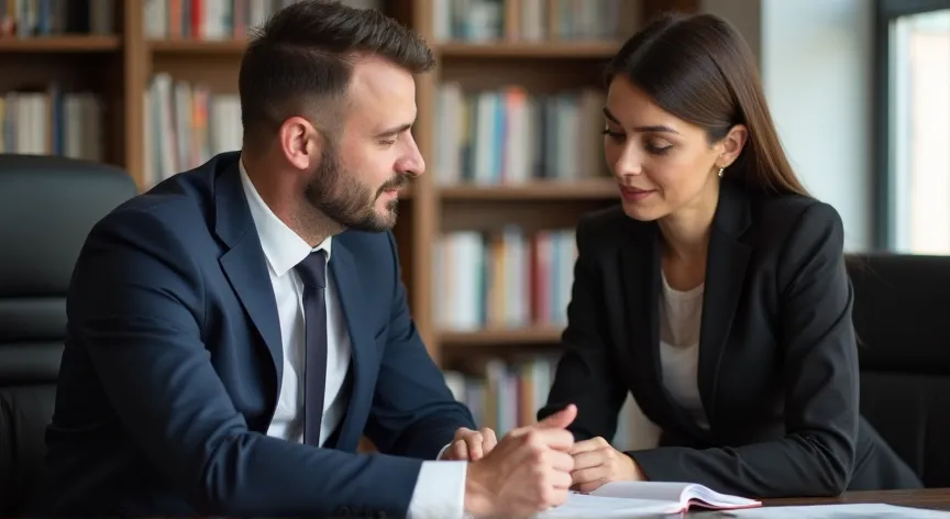 A young couple working with an attorney at a law office