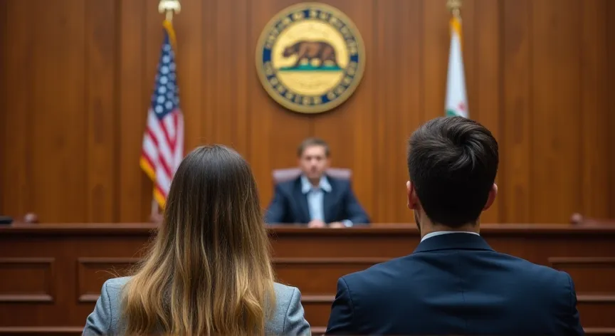 a couple is sitting in a court room the view is from over their shoulders a judge is sitting with a gavel in hand with the ca superior court crest is hanging on the wall with flags on either side