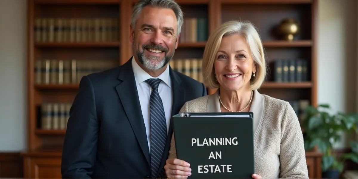 a middle aged married couple at a law office holding a binder that says 'planning an estate'
