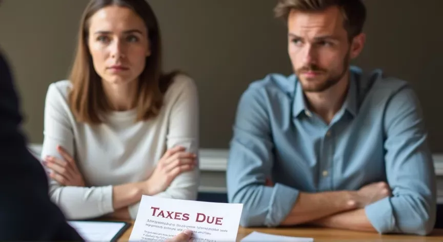  A very upset young couple with arms crossed  are  meeting with a lawyer to finalize estate planning documents paying off debts, with a paper displaying 'TAXES DUE' in red print.