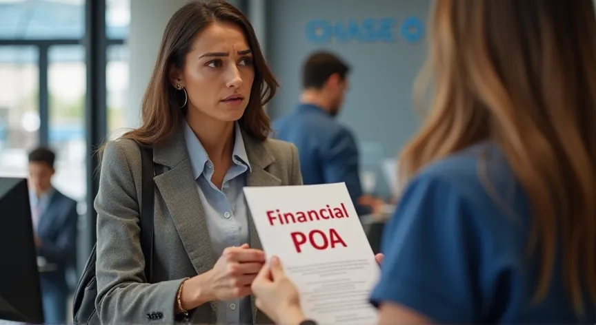 A worried woman is  standing at a chase bank teller and holding a sheet of paper a,  on the document is labeled 'Financial POA' in bold red ink.
