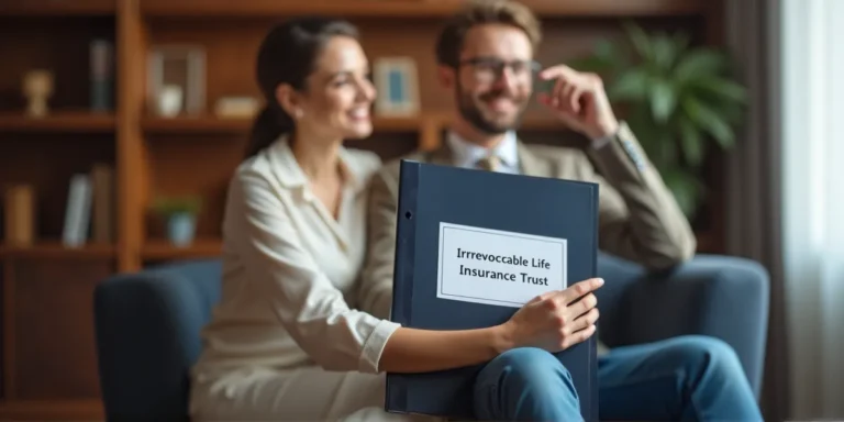 A young married couple at a law office holding a binder that says 'Irrevocable Life Insurance Trust'.