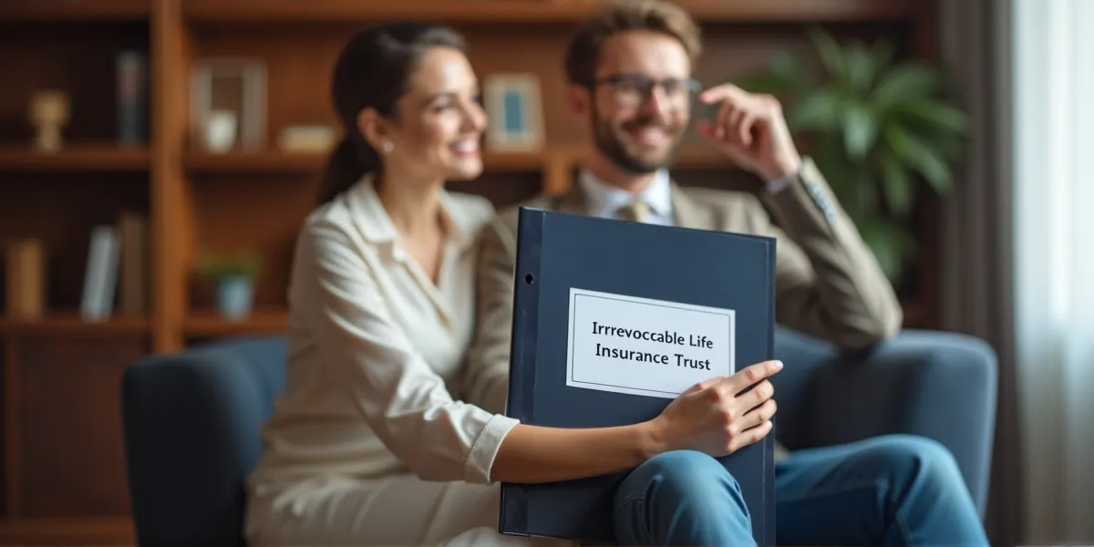 A young married couple at a law office holding a binder that says 'Irrevocable Life Insurance Trust'.