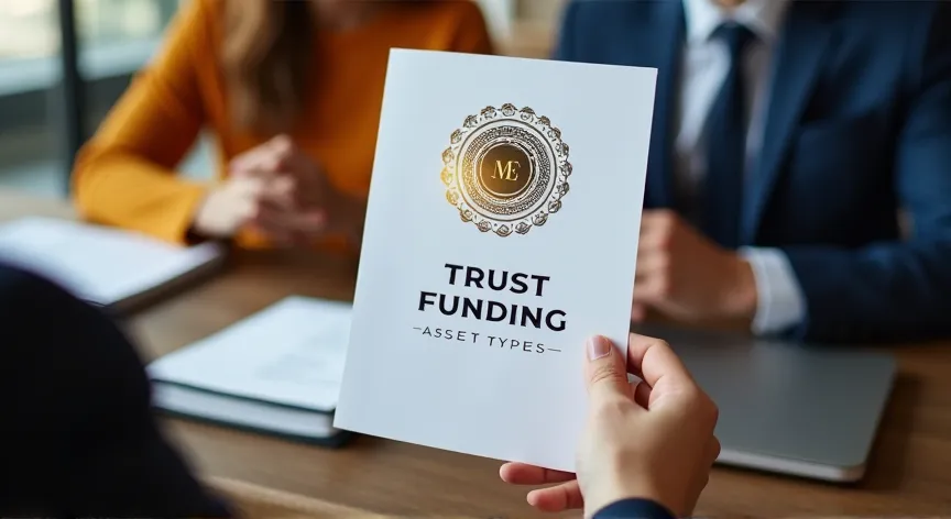 An couple are sitting with an attorney with law books sitting on the desk, they are holding up  paper pamphlet labeled 'Trust Funding - Asset Types' printed in black foil with a fancy logo with gold foil embossing.