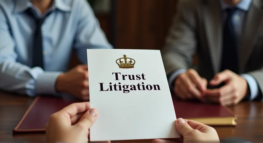 An couple are sitting with an attorney with law books sitting on the desk, they are holding up  paper pamphlet labeled 'Trust Litigation' printed in black foil with a fancy gold logo embossed.