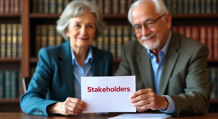 An elderly Couple is sitting at a law firm with Law Books in the background , they are holding a document labeled 'Stakeholders', in  Bold red Ink.