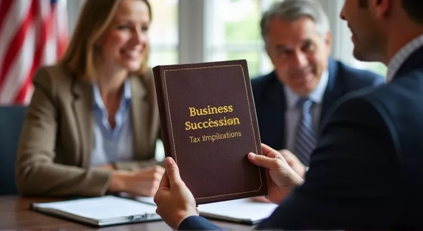 An middle aged couple are sitting with an attorney with an American flag in the background, they are holding up a leather binder labeled 'Business Succession - Tax Implications' printed in  gold foil.