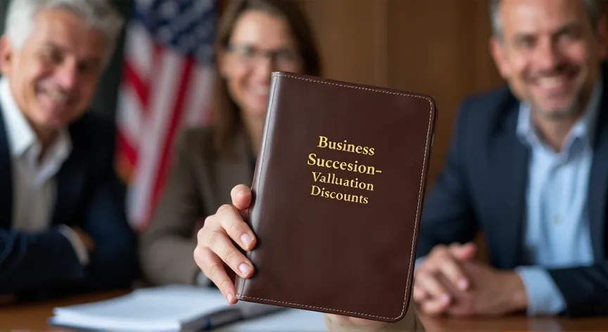 An middle aged couple are sitting with an attorney with an American flag in the background, they are holding up a leather binder labeled 'Business Succession - Valuation Discounts' printed in  gold foil embossing.