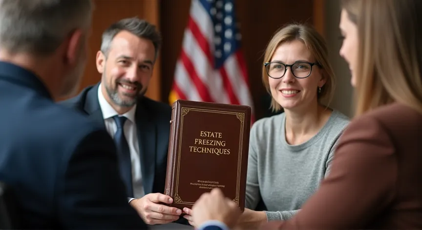 An middle aged couple are sitting with an attorney with an American flag in the background, they are holding up a leather binder labeled 'Estate Freezing Techniques' printed in gold foil embossing.