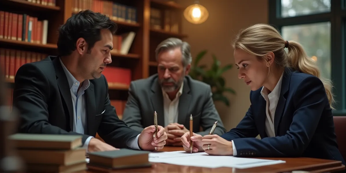people at a law office rich colors of a lw office with legal books and death debt foregiveness