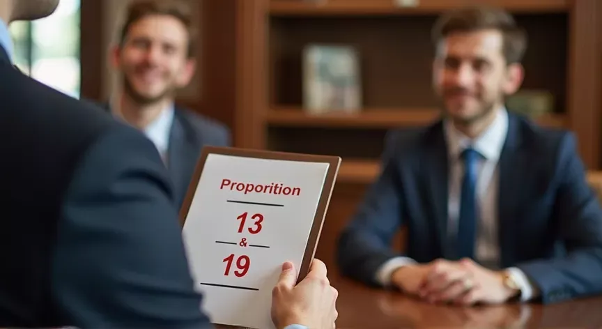 Two adult siblings are sitting in a law firm, the attorney is holding up a pamphlet that reads 'proposition 13 & 19' in dark red print.