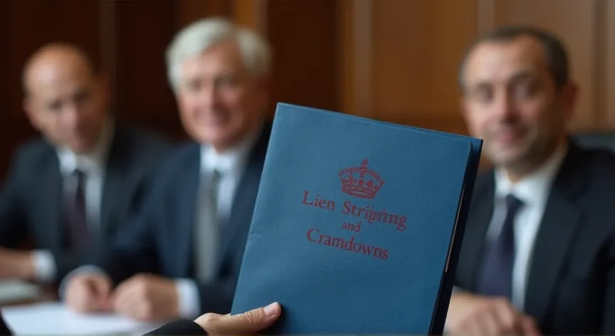 Three middle aged men sitting with an attorney, there is a person holding a blue manila folder up with the words 'lien stripping and cramdowns' printed in dark red print with a fancy logo